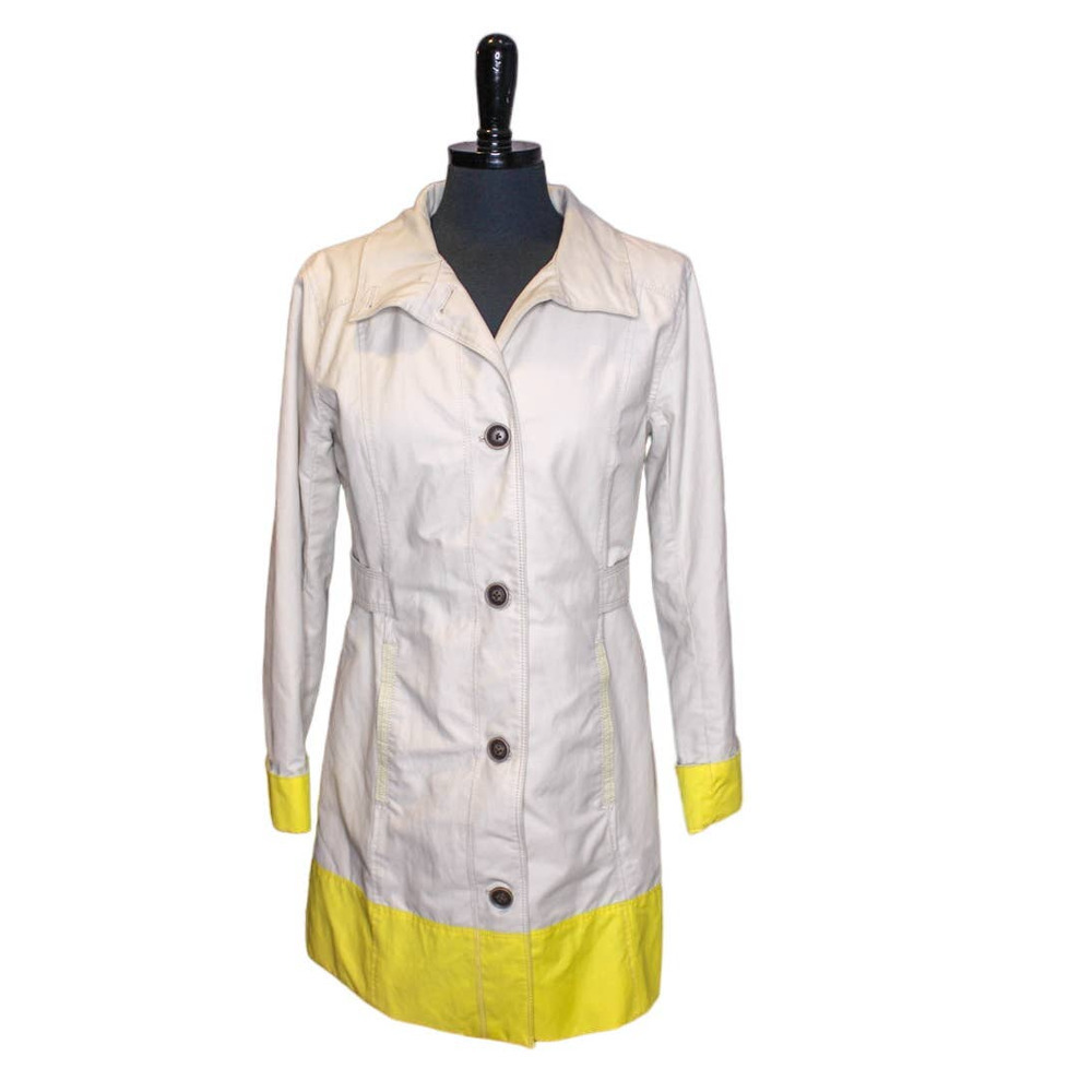Eddie Bauer Mid Length Trench Coat Beige Yellow Short Trench Button Up S…